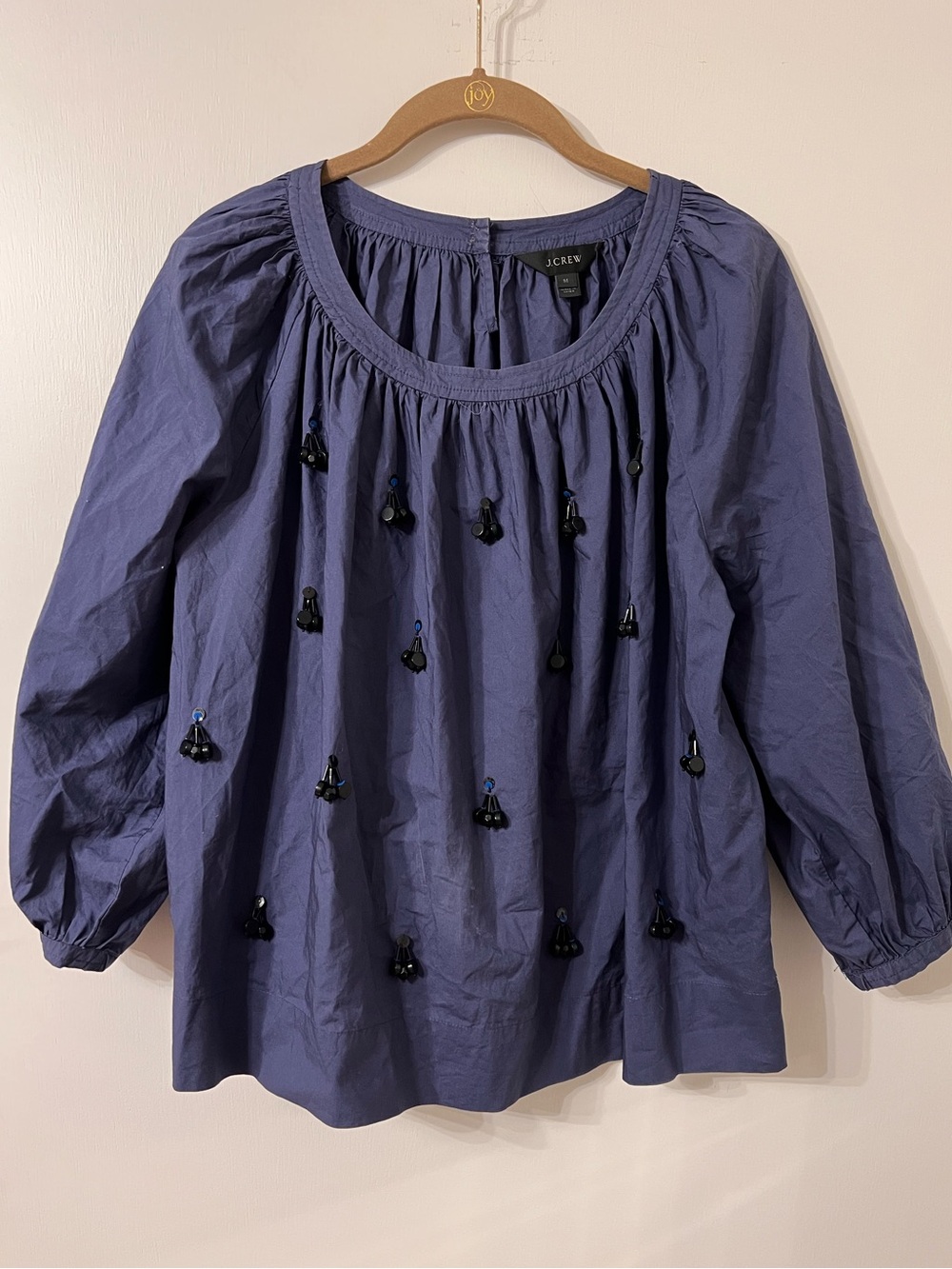 J CREW 100% COTTON EMBELLISHED NAVY BLUE PUFF SLEEVE TOP ✨